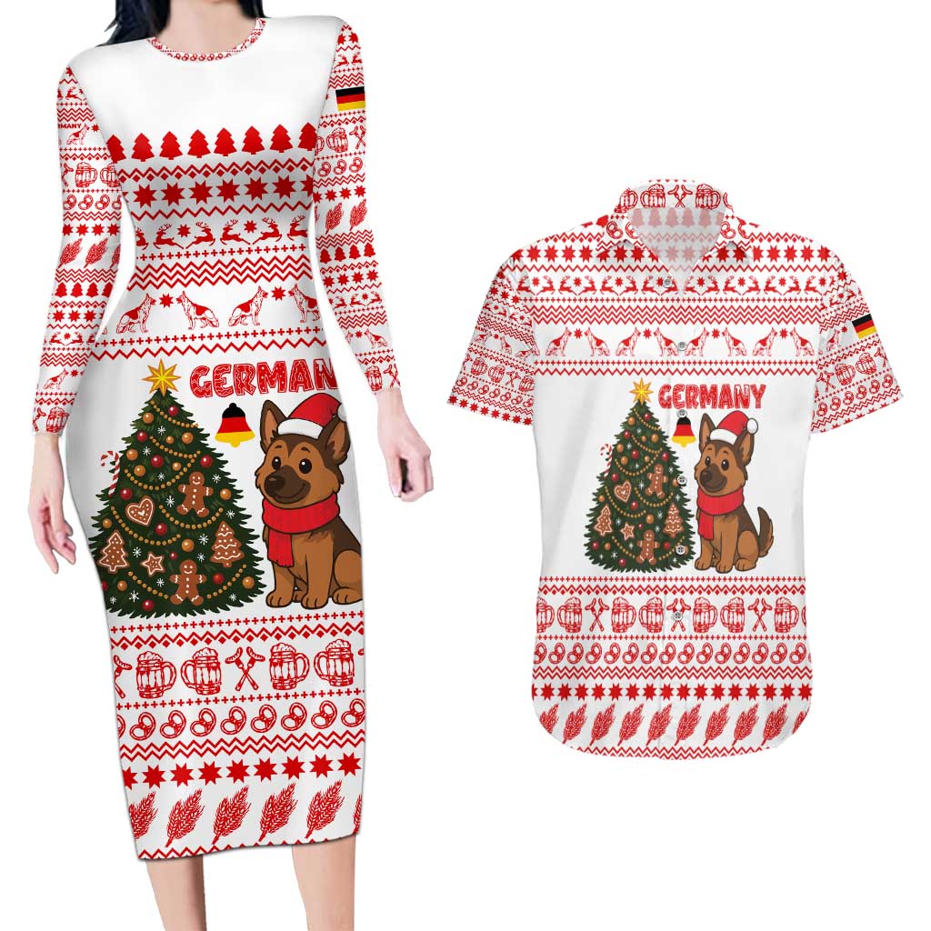 Germany Christmas Couples Matching Long Sleeve Bodycon Dress and Hawaiian Shirt with German Shepherd Dog Gingerbread Tree and Red Holiday Pattern - Wonder Print Shop