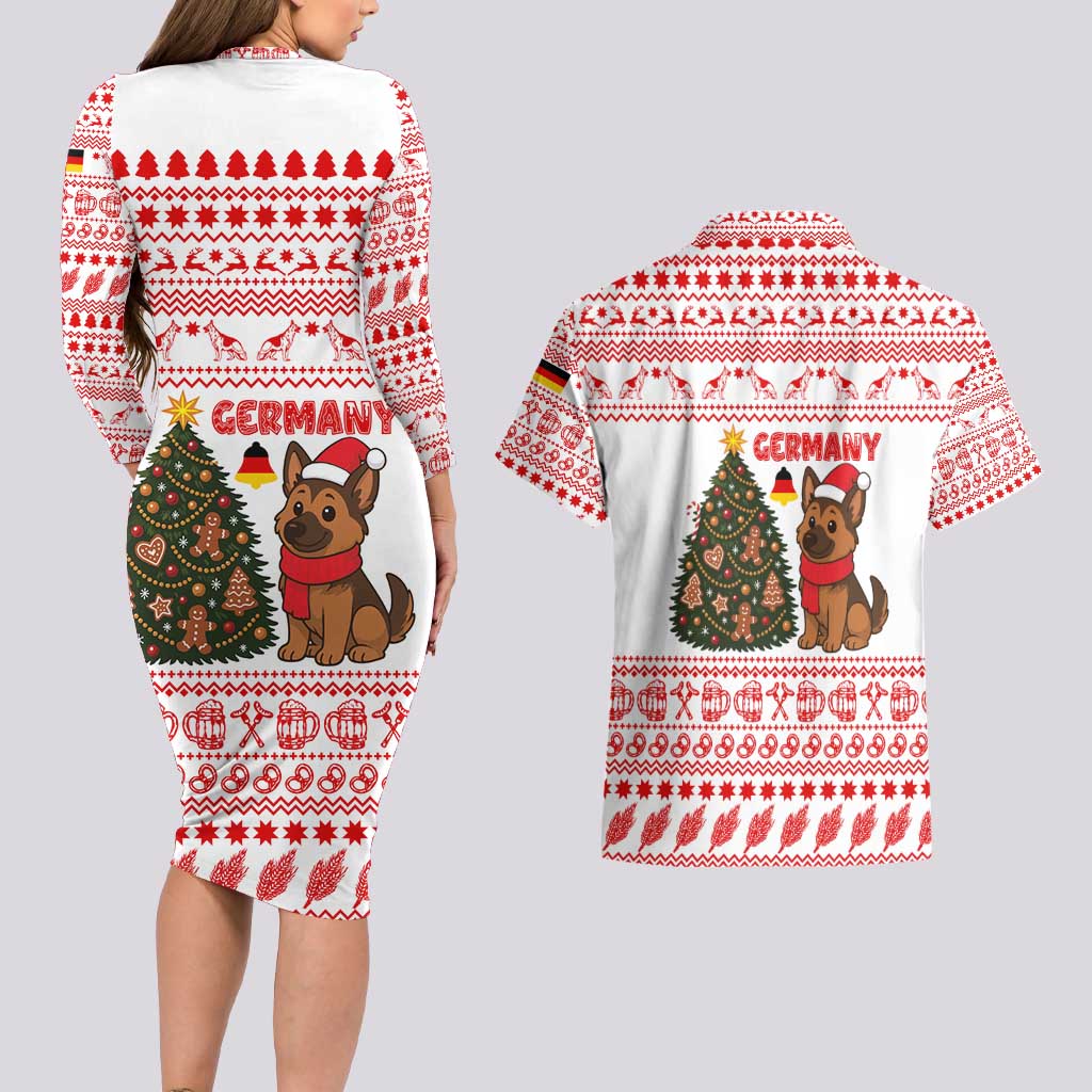 Germany Christmas Couples Matching Long Sleeve Bodycon Dress and Hawaiian Shirt with German Shepherd Dog Gingerbread Tree and Red Holiday Pattern - Wonder Print Shop