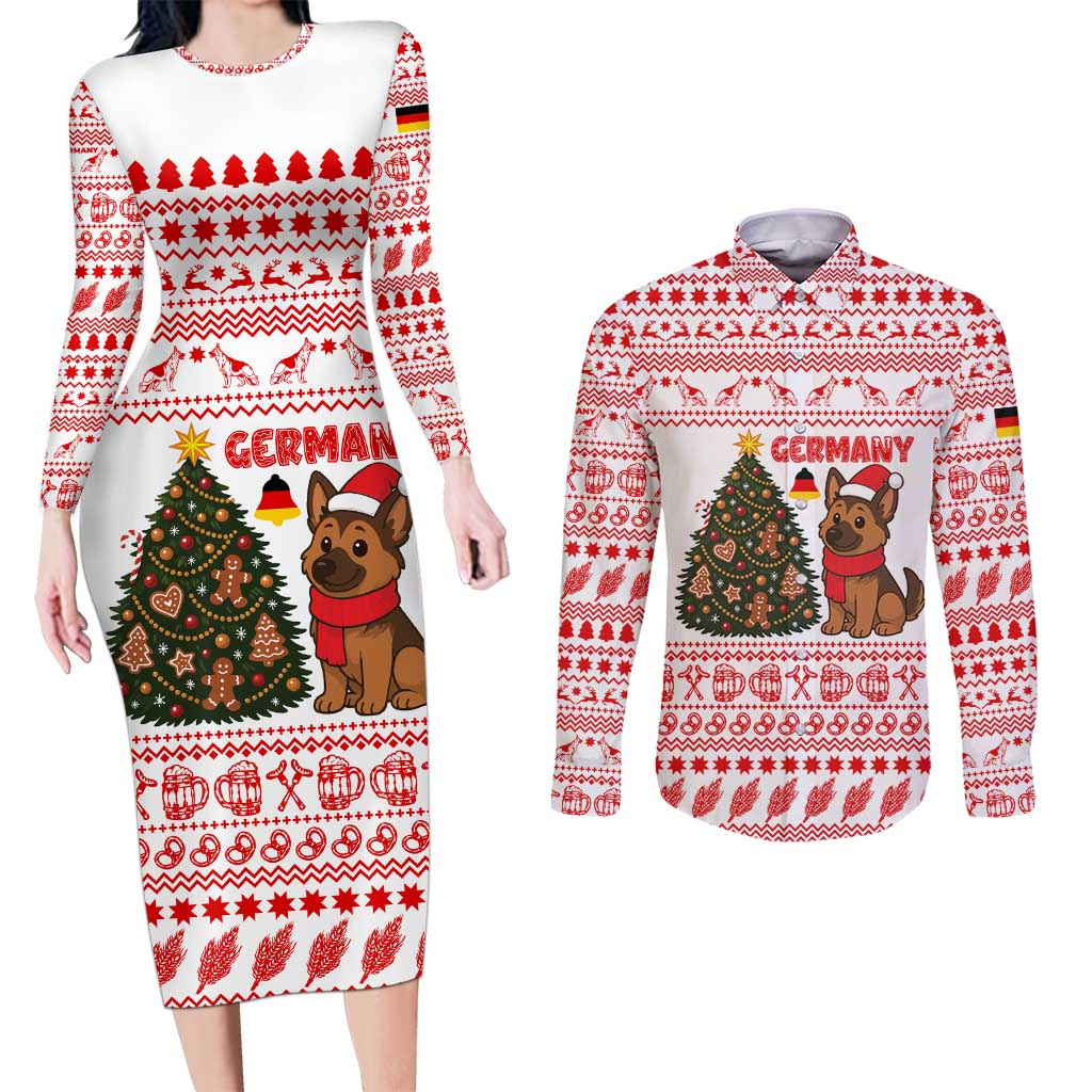 Germany Christmas Couples Matching Long Sleeve Bodycon Dress and Long Sleeve Button Shirt with German Shepherd Dog Gingerbread Tree and Red Holiday Pattern - Wonder Print Shop