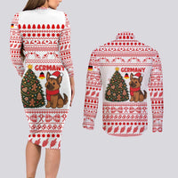 Germany Christmas Couples Matching Long Sleeve Bodycon Dress and Long Sleeve Button Shirt with German Shepherd Dog Gingerbread Tree and Red Holiday Pattern - Wonder Print Shop