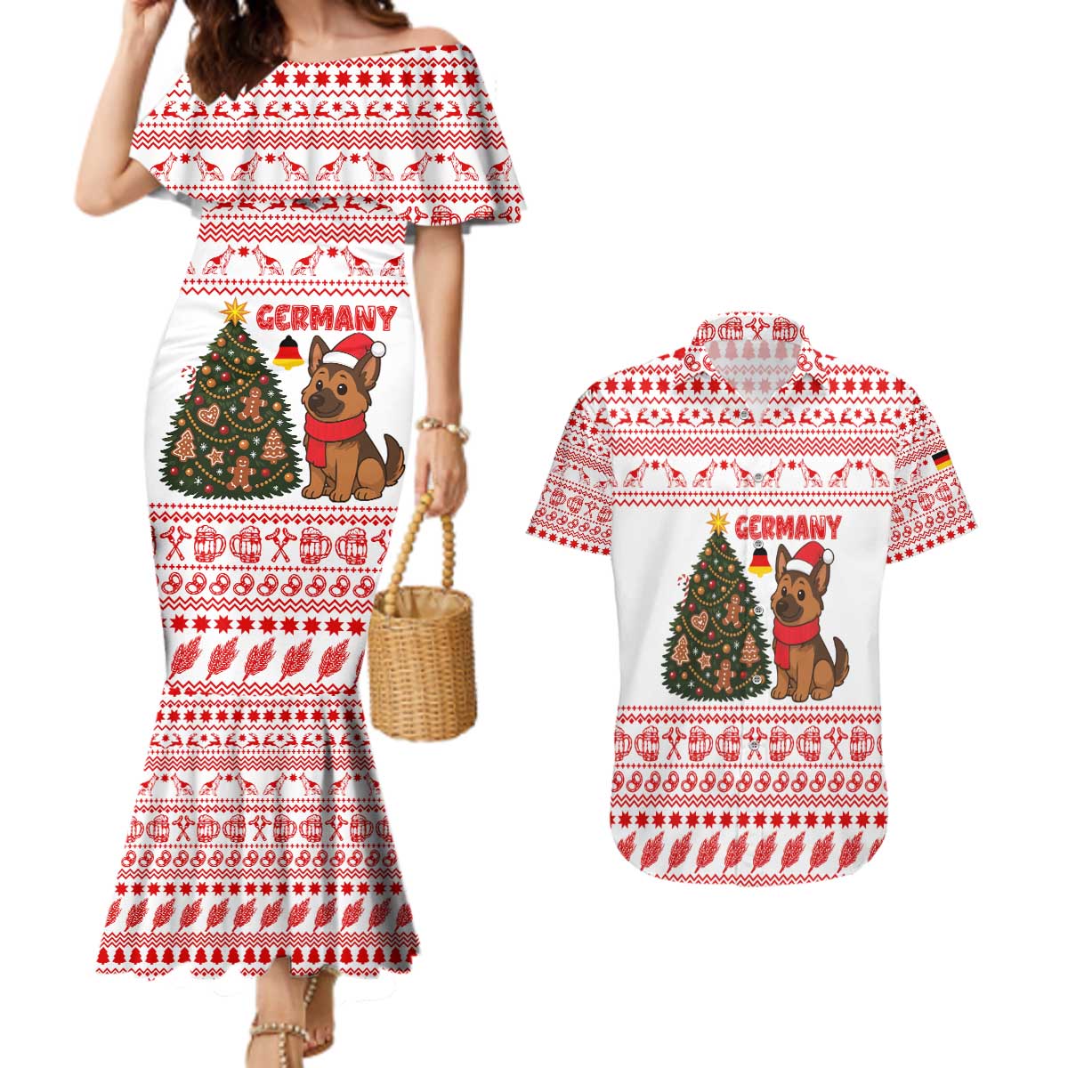 Germany Christmas Couples Matching Mermaid Dress and Hawaiian Shirt with German Shepherd Dog Gingerbread Tree and Red Holiday Pattern - Wonder Print Shop