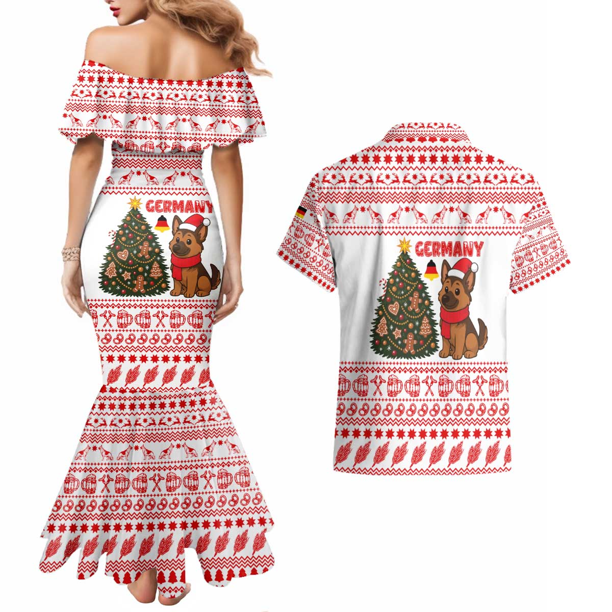 Germany Christmas Couples Matching Mermaid Dress and Hawaiian Shirt with German Shepherd Dog Gingerbread Tree and Red Holiday Pattern - Wonder Print Shop