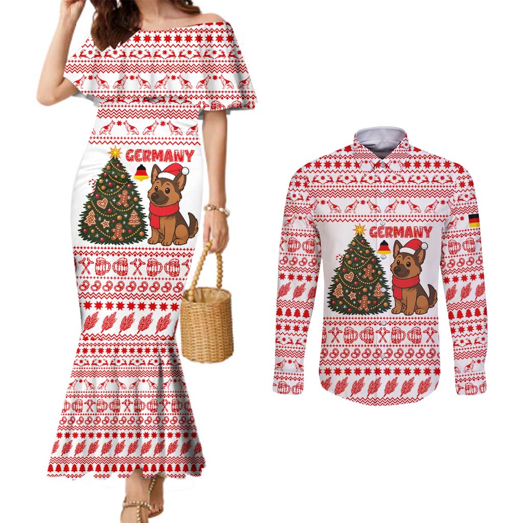 Germany Christmas Couples Matching Mermaid Dress and Long Sleeve Button Shirt with German Shepherd Dog Gingerbread Tree and Red Holiday Pattern - Wonder Print Shop