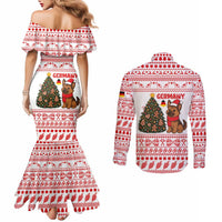Germany Christmas Couples Matching Mermaid Dress and Long Sleeve Button Shirt with German Shepherd Dog Gingerbread Tree and Red Holiday Pattern - Wonder Print Shop