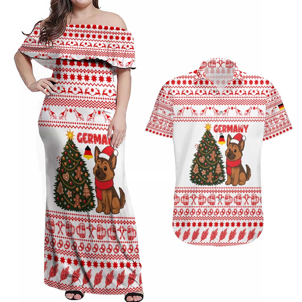 Germany Christmas Couples Matching Off Shoulder Maxi Dress and Hawaiian Shirt with German Shepherd Dog Gingerbread Tree and Red Holiday Pattern - Wonder Print Shop