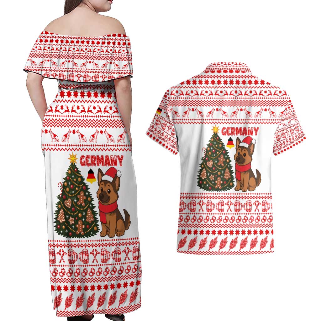 Germany Christmas Couples Matching Off Shoulder Maxi Dress and Hawaiian Shirt with German Shepherd Dog Gingerbread Tree and Red Holiday Pattern - Wonder Print Shop