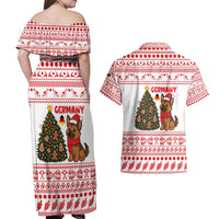 Germany Christmas Couples Matching Off Shoulder Maxi Dress and Hawaiian Shirt with German Shepherd Dog Gingerbread Tree and Red Holiday Pattern - Wonder Print Shop