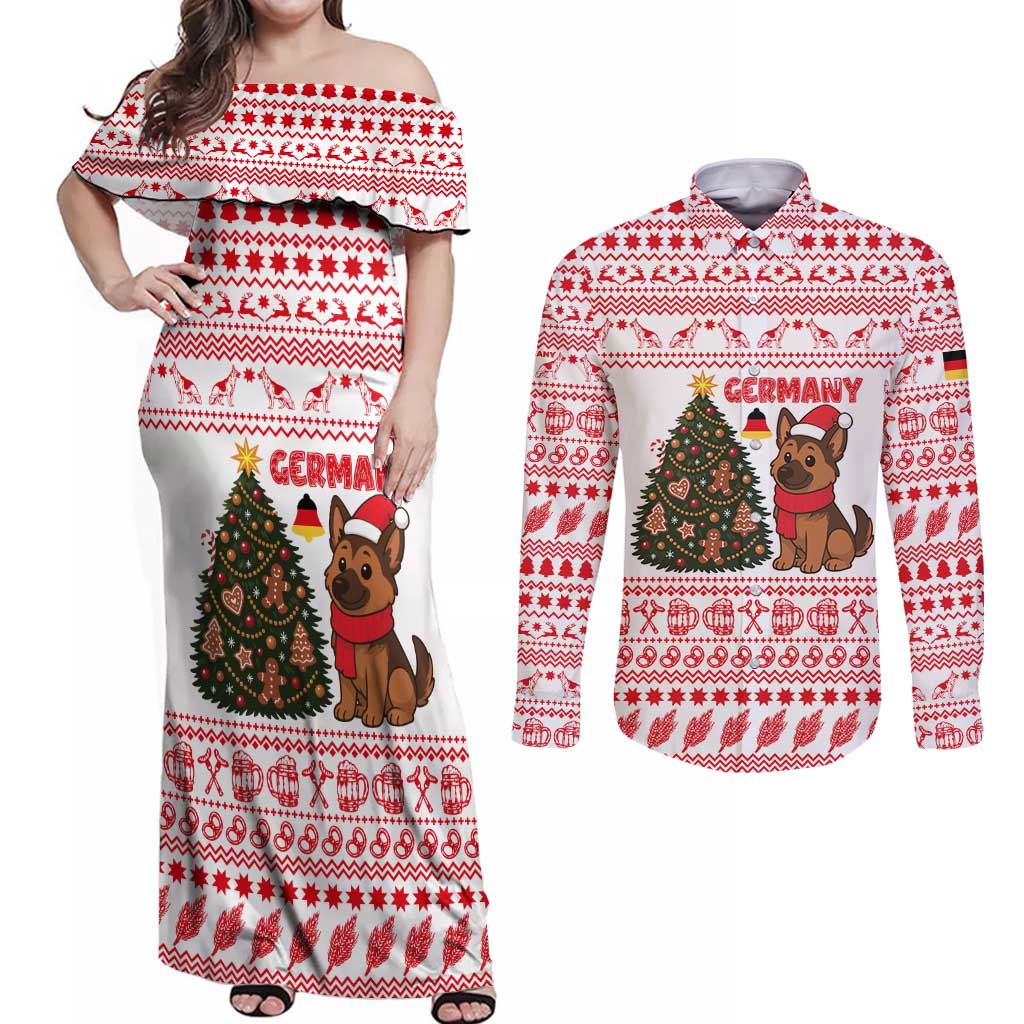 Germany Christmas Couples Matching Off Shoulder Maxi Dress and Long Sleeve Button Shirt with German Shepherd Dog Gingerbread Tree and Red Holiday Pattern - Wonder Print Shop