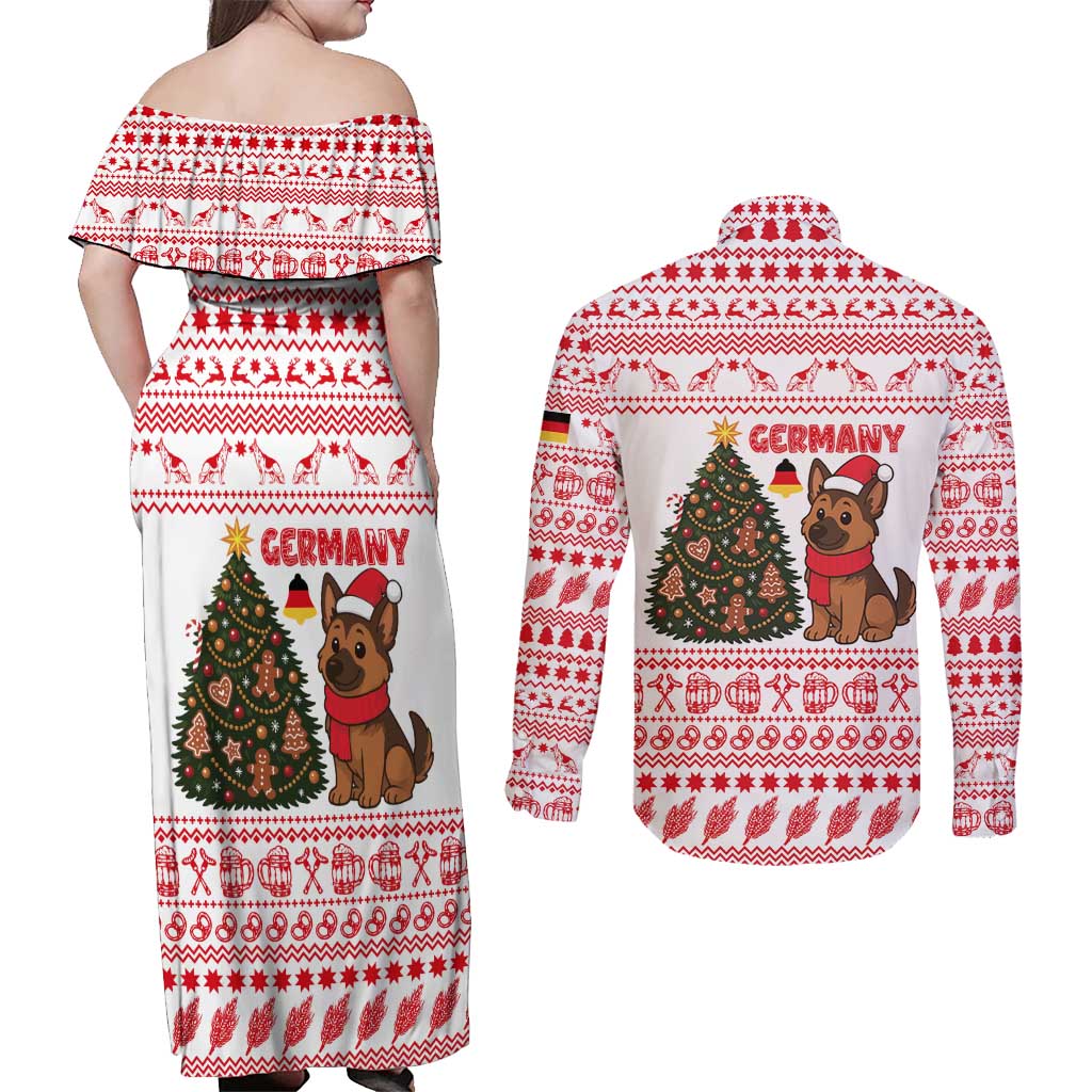 Germany Christmas Couples Matching Off Shoulder Maxi Dress and Long Sleeve Button Shirt with German Shepherd Dog Gingerbread Tree and Red Holiday Pattern - Wonder Print Shop