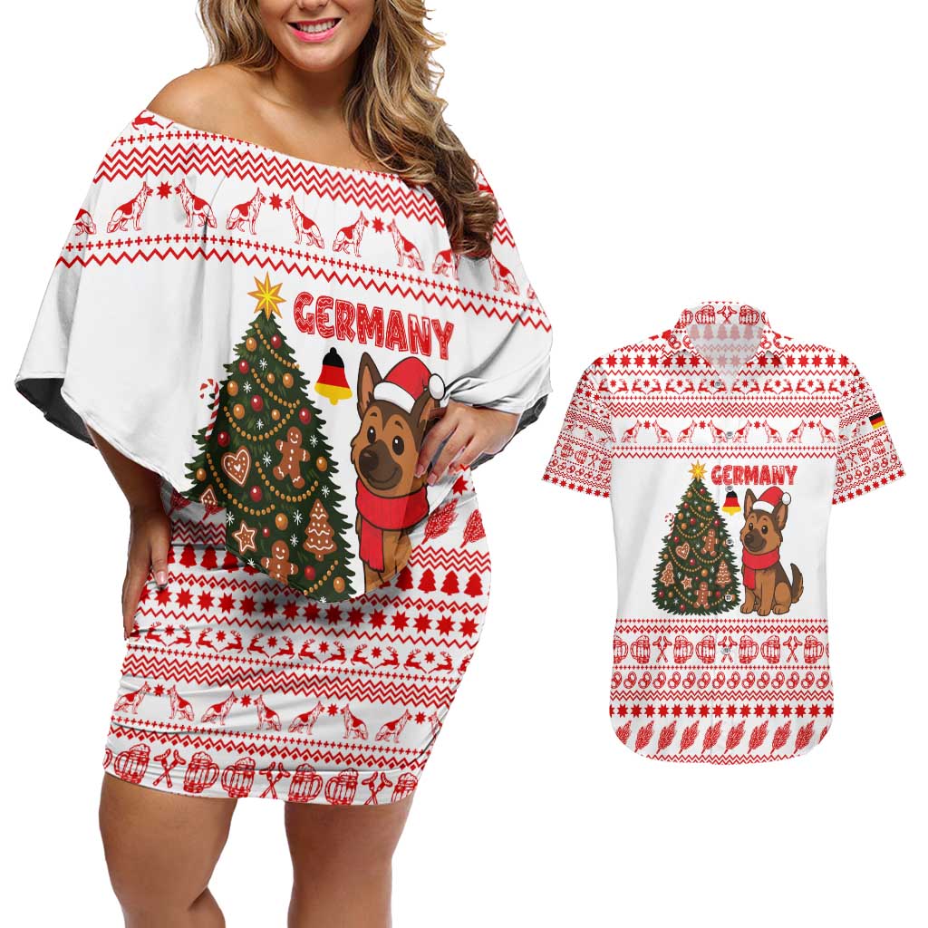 Germany Christmas Couples Matching Off Shoulder Short Dress and Hawaiian Shirt with German Shepherd Dog Gingerbread Tree and Red Holiday Pattern - Wonder Print Shop