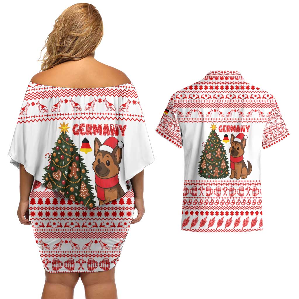 Germany Christmas Couples Matching Off Shoulder Short Dress and Hawaiian Shirt with German Shepherd Dog Gingerbread Tree and Red Holiday Pattern - Wonder Print Shop