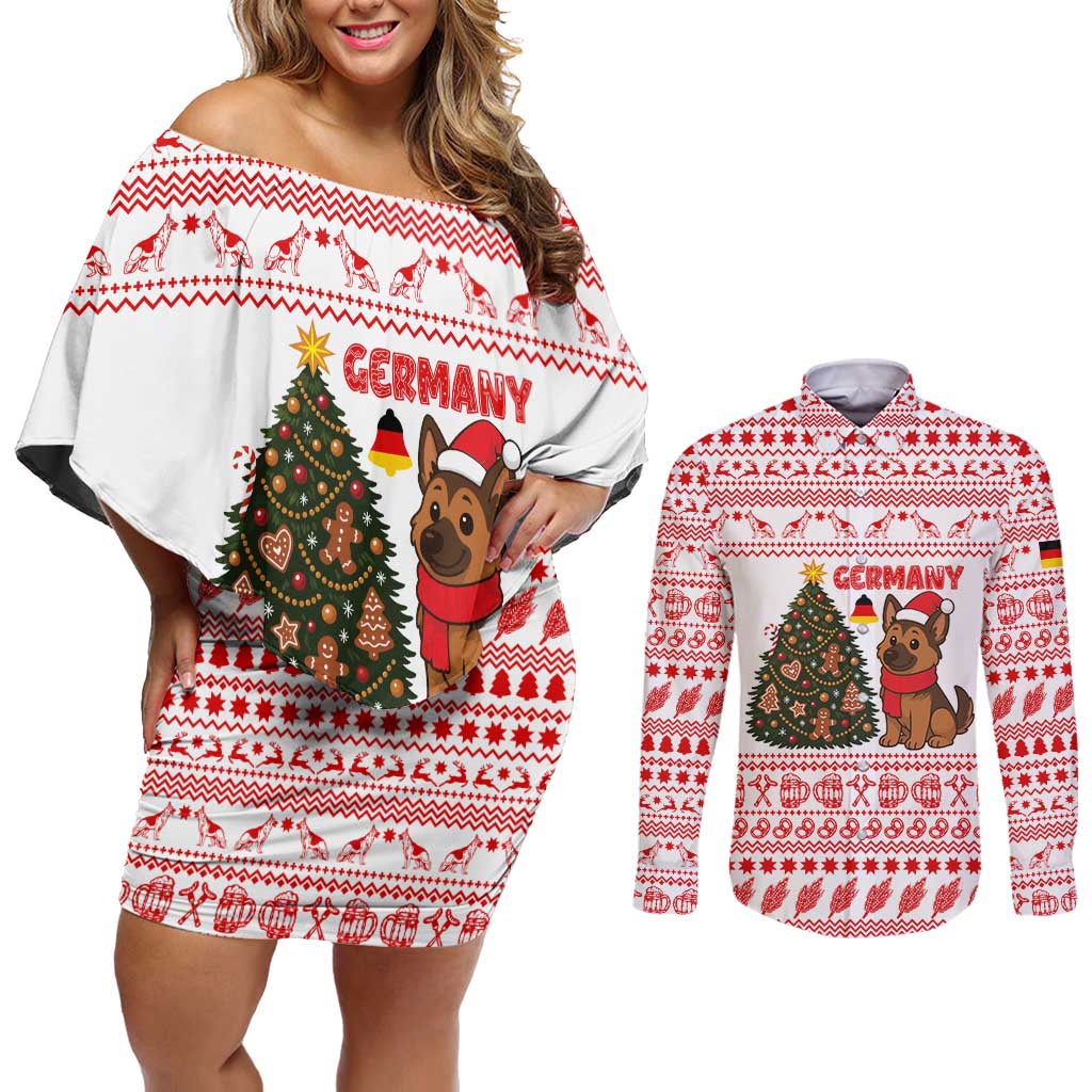 Germany Christmas Couples Matching Off Shoulder Short Dress and Long Sleeve Button Shirt with German Shepherd Dog Gingerbread Tree and Red Holiday Pattern - Wonder Print Shop