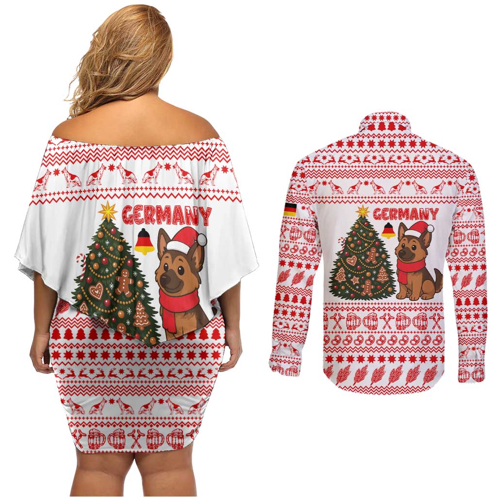 Germany Christmas Couples Matching Off Shoulder Short Dress and Long Sleeve Button Shirt with German Shepherd Dog Gingerbread Tree and Red Holiday Pattern - Wonder Print Shop