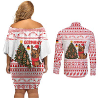 Germany Christmas Couples Matching Off Shoulder Short Dress and Long Sleeve Button Shirt with German Shepherd Dog Gingerbread Tree and Red Holiday Pattern - Wonder Print Shop