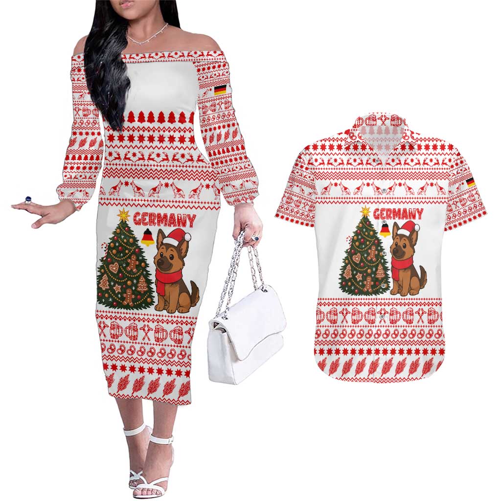 Germany Christmas Couples Matching Off The Shoulder Long Sleeve Dress and Hawaiian Shirt with German Shepherd Dog Gingerbread Tree and Red Holiday Pattern - Wonder Print Shop