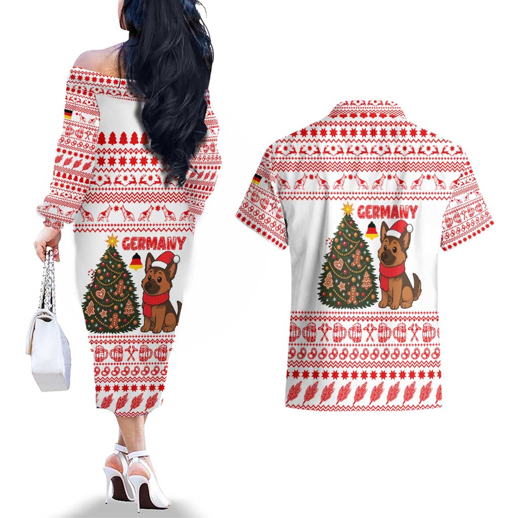 Germany Christmas Couples Matching Off The Shoulder Long Sleeve Dress and Hawaiian Shirt with German Shepherd Dog Gingerbread Tree and Red Holiday Pattern - Wonder Print Shop