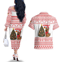 Germany Christmas Couples Matching Off The Shoulder Long Sleeve Dress and Hawaiian Shirt with German Shepherd Dog Gingerbread Tree and Red Holiday Pattern - Wonder Print Shop