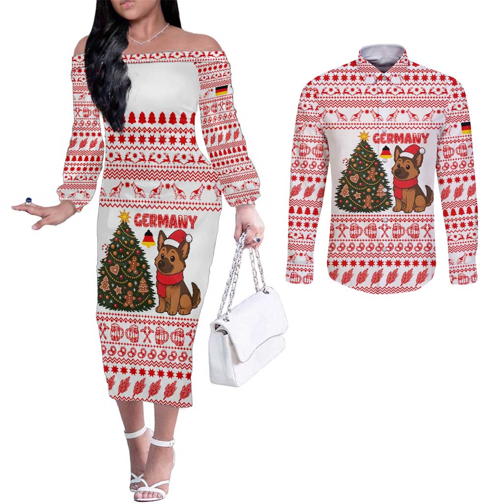 Germany Christmas Couples Matching Off The Shoulder Long Sleeve Dress and Long Sleeve Button Shirt with German Shepherd Dog Gingerbread Tree and Red Holiday Pattern - Wonder Print Shop