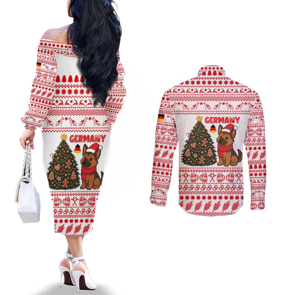 Germany Christmas Couples Matching Off The Shoulder Long Sleeve Dress and Long Sleeve Button Shirt with German Shepherd Dog Gingerbread Tree and Red Holiday Pattern - Wonder Print Shop