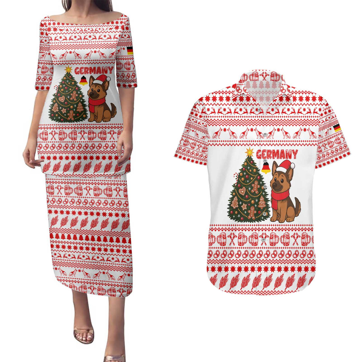 Germany Christmas Couples Matching Puletasi and Hawaiian Shirt with German Shepherd Dog Gingerbread Tree and Red Holiday Pattern - Wonder Print Shop