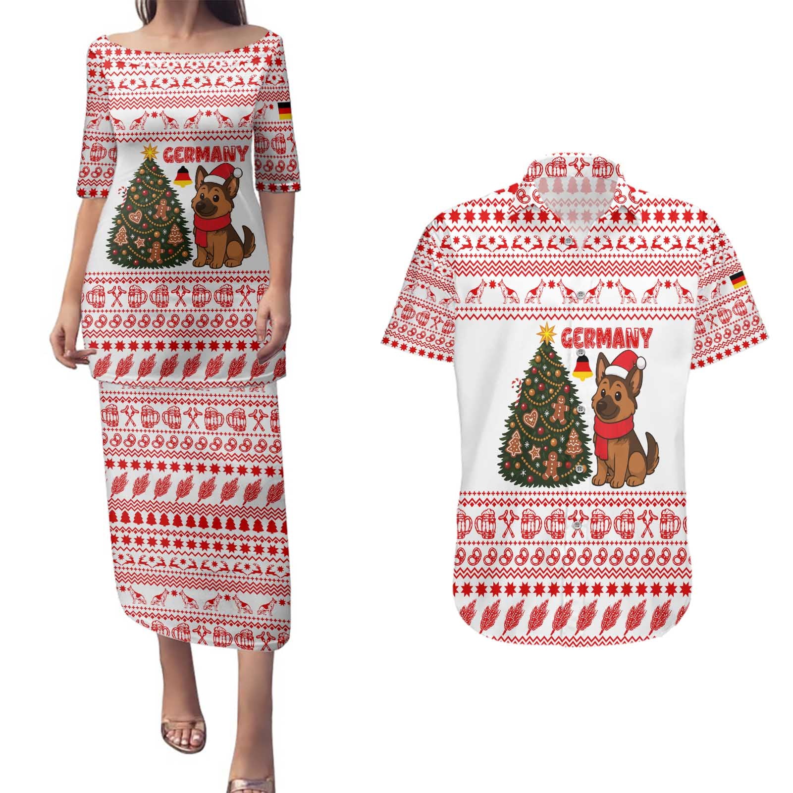 Germany Christmas Couples Matching Puletasi and Hawaiian Shirt with German Shepherd Dog Gingerbread Tree and Red Holiday Pattern - Wonder Print Shop