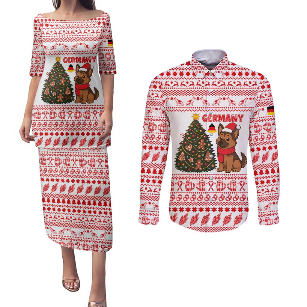 Germany Christmas Couples Matching Puletasi and Long Sleeve Button Shirt with German Shepherd Dog Gingerbread Tree and Red Holiday Pattern - Wonder Print Shop