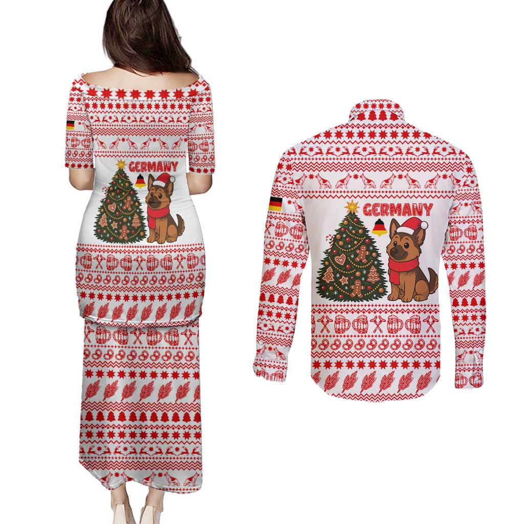 Germany Christmas Couples Matching Puletasi and Long Sleeve Button Shirt with German Shepherd Dog Gingerbread Tree and Red Holiday Pattern - Wonder Print Shop