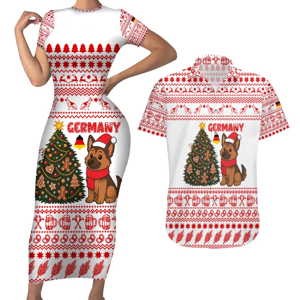Germany Christmas Couples Matching Short Sleeve Bodycon Dress and Hawaiian Shirt with German Shepherd Dog Gingerbread Tree and Red Holiday Pattern - Wonder Print Shop