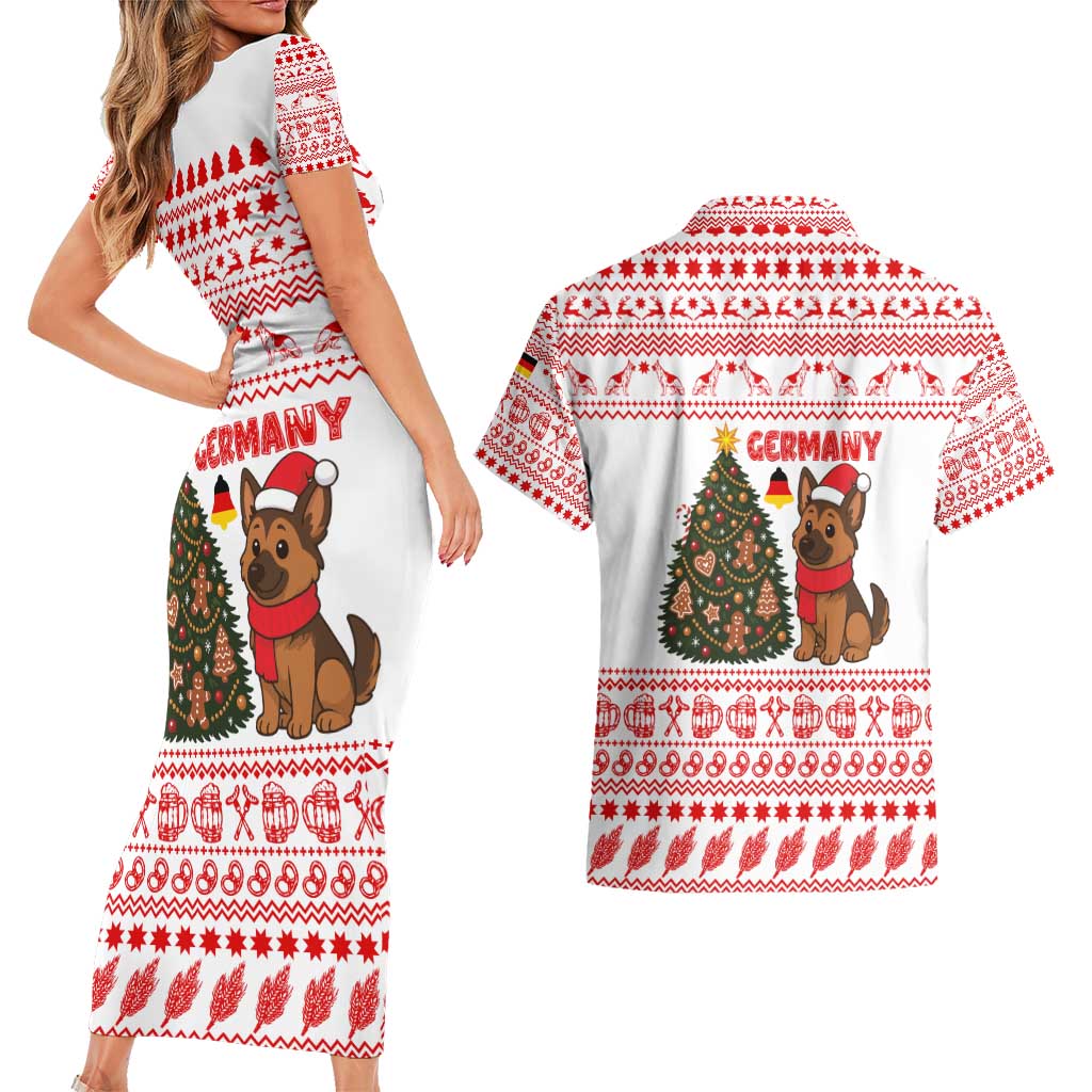 Germany Christmas Couples Matching Short Sleeve Bodycon Dress and Hawaiian Shirt with German Shepherd Dog Gingerbread Tree and Red Holiday Pattern - Wonder Print Shop