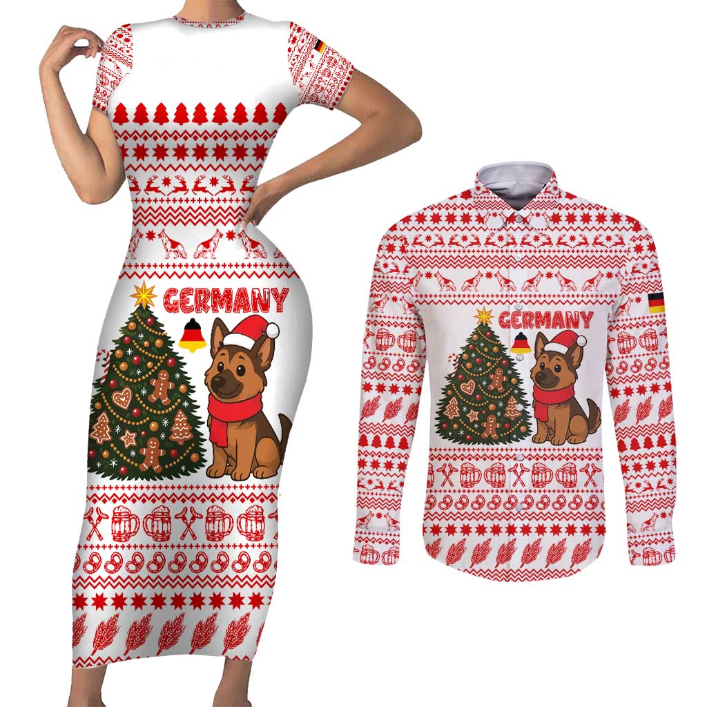 Germany Christmas Couples Matching Short Sleeve Bodycon Dress and Long Sleeve Button Shirt with German Shepherd Dog Gingerbread Tree and Red Holiday Pattern - Wonder Print Shop