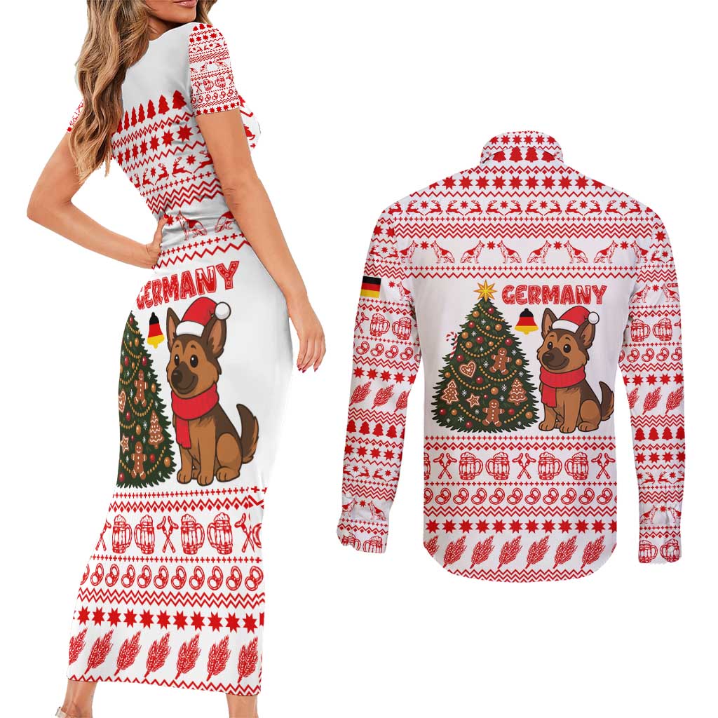 Germany Christmas Couples Matching Short Sleeve Bodycon Dress and Long Sleeve Button Shirt with German Shepherd Dog Gingerbread Tree and Red Holiday Pattern - Wonder Print Shop