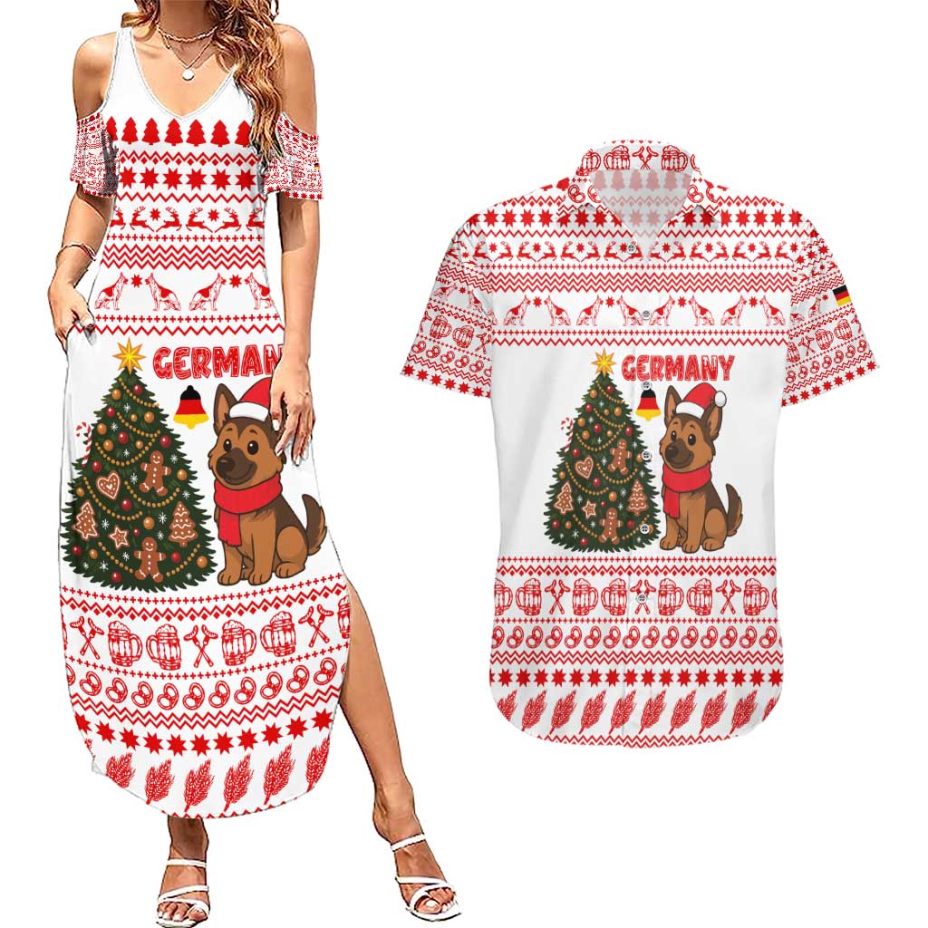 Germany Christmas Couples Matching Summer Maxi Dress and Hawaiian Shirt with German Shepherd Dog Gingerbread Tree and Red Holiday Pattern - Wonder Print Shop