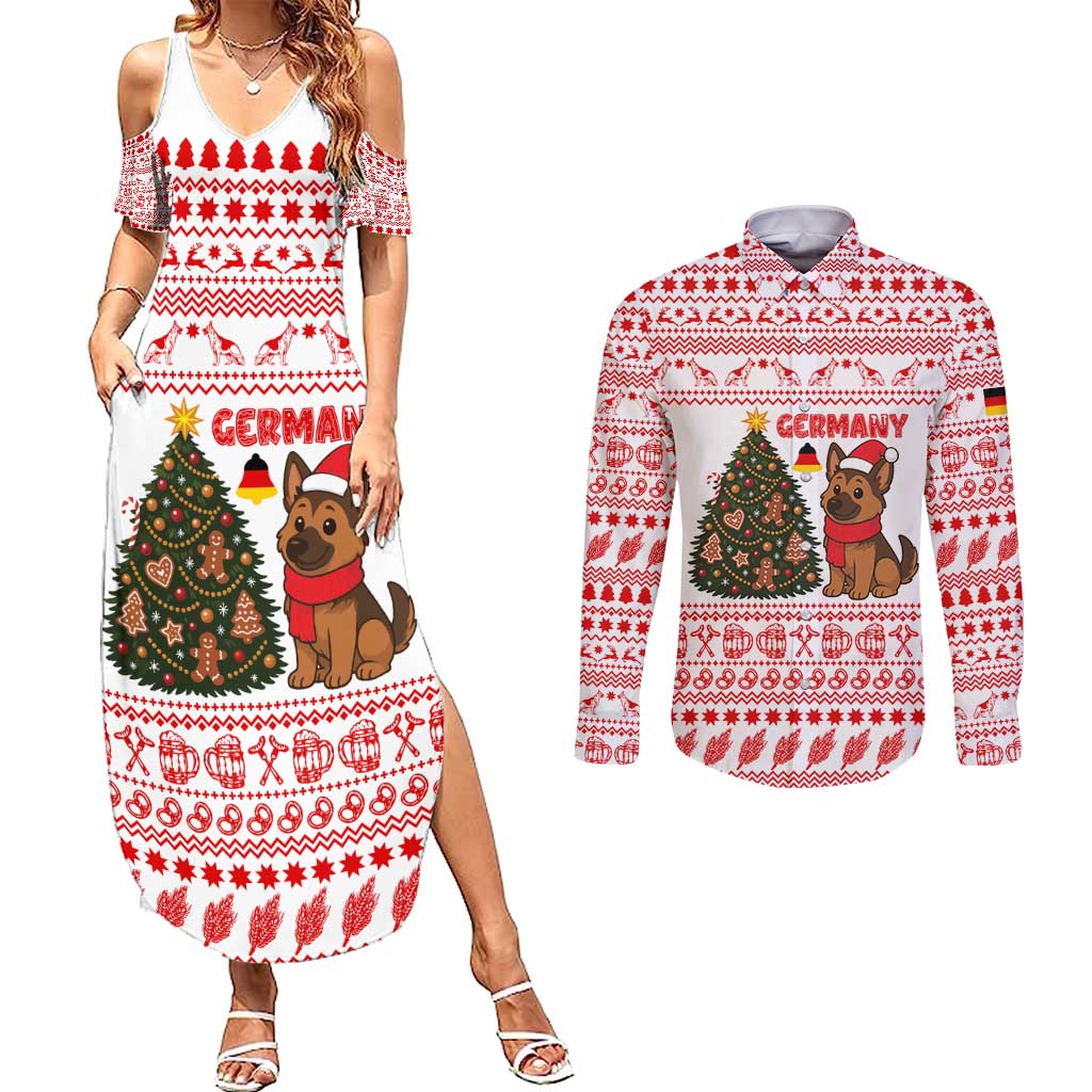 Germany Christmas Couples Matching Summer Maxi Dress and Long Sleeve Button Shirt with German Shepherd Dog Gingerbread Tree and Red Holiday Pattern - Wonder Print Shop