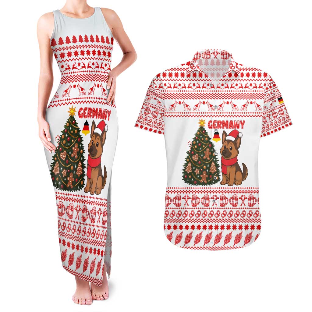 Germany Christmas Couples Matching Tank Maxi Dress and Hawaiian Shirt with German Shepherd Dog Gingerbread Tree and Red Holiday Pattern - Wonder Print Shop