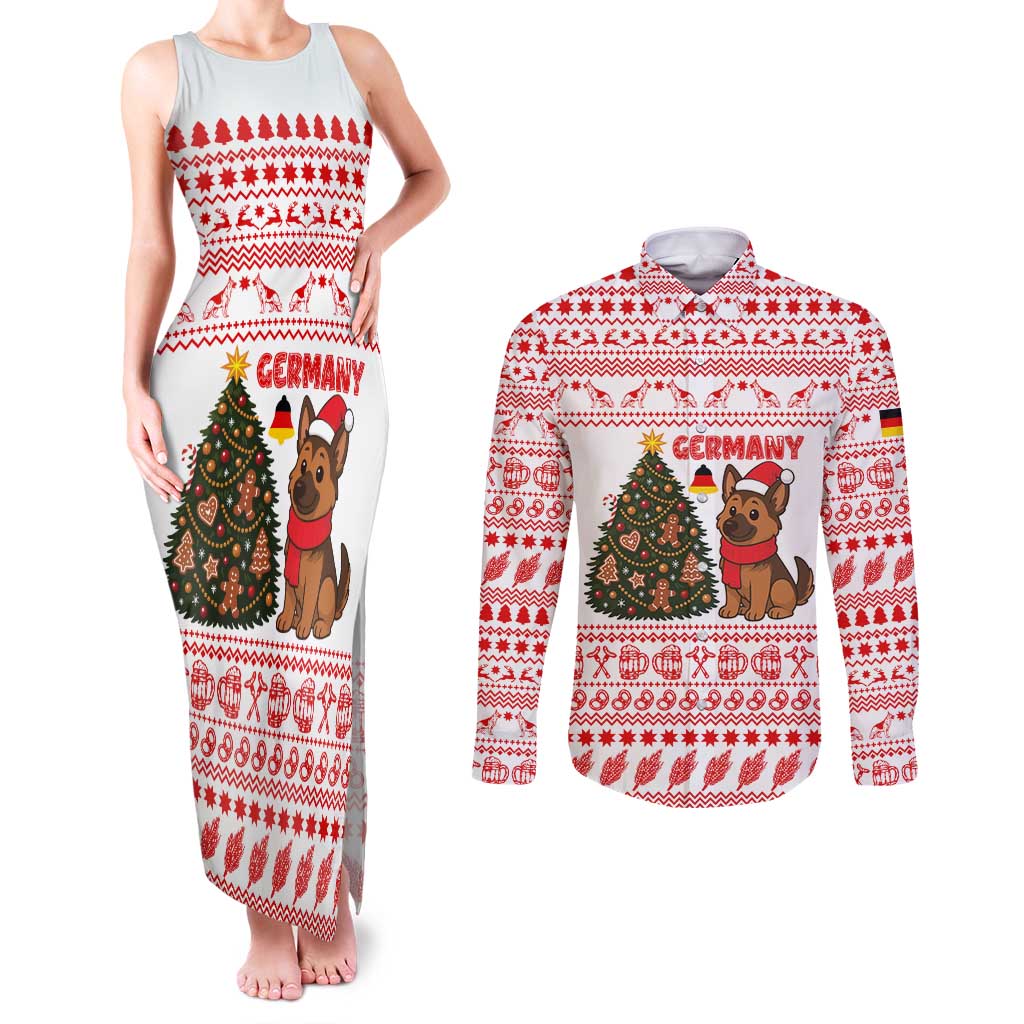 Germany Christmas Couples Matching Tank Maxi Dress and Long Sleeve Button Shirt with German Shepherd Dog Gingerbread Tree and Red Holiday Pattern - Wonder Print Shop