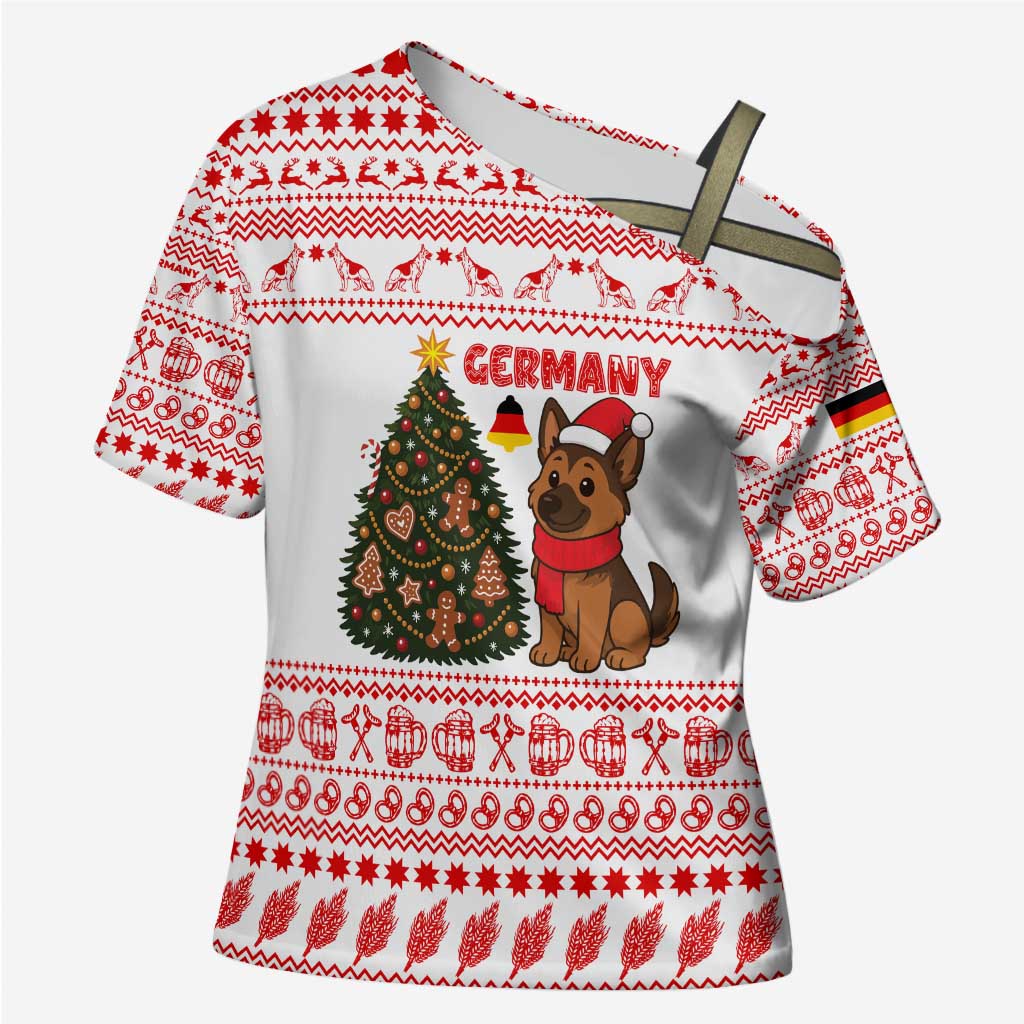 Germany Christmas Cross Shoulder Shirt with German Shepherd Dog Gingerbread Tree and Red Holiday Pattern - Wonder Print Shop