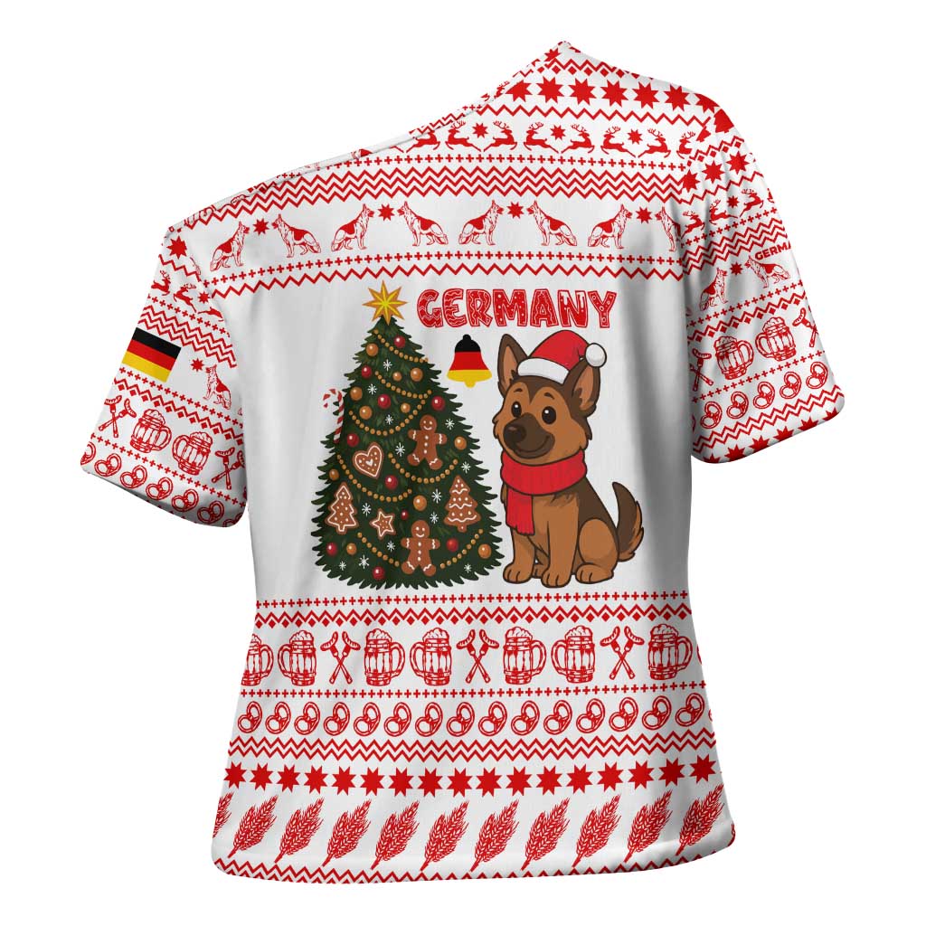 Germany Christmas Cross Shoulder Shirt with German Shepherd Dog Gingerbread Tree and Red Holiday Pattern - Wonder Print Shop