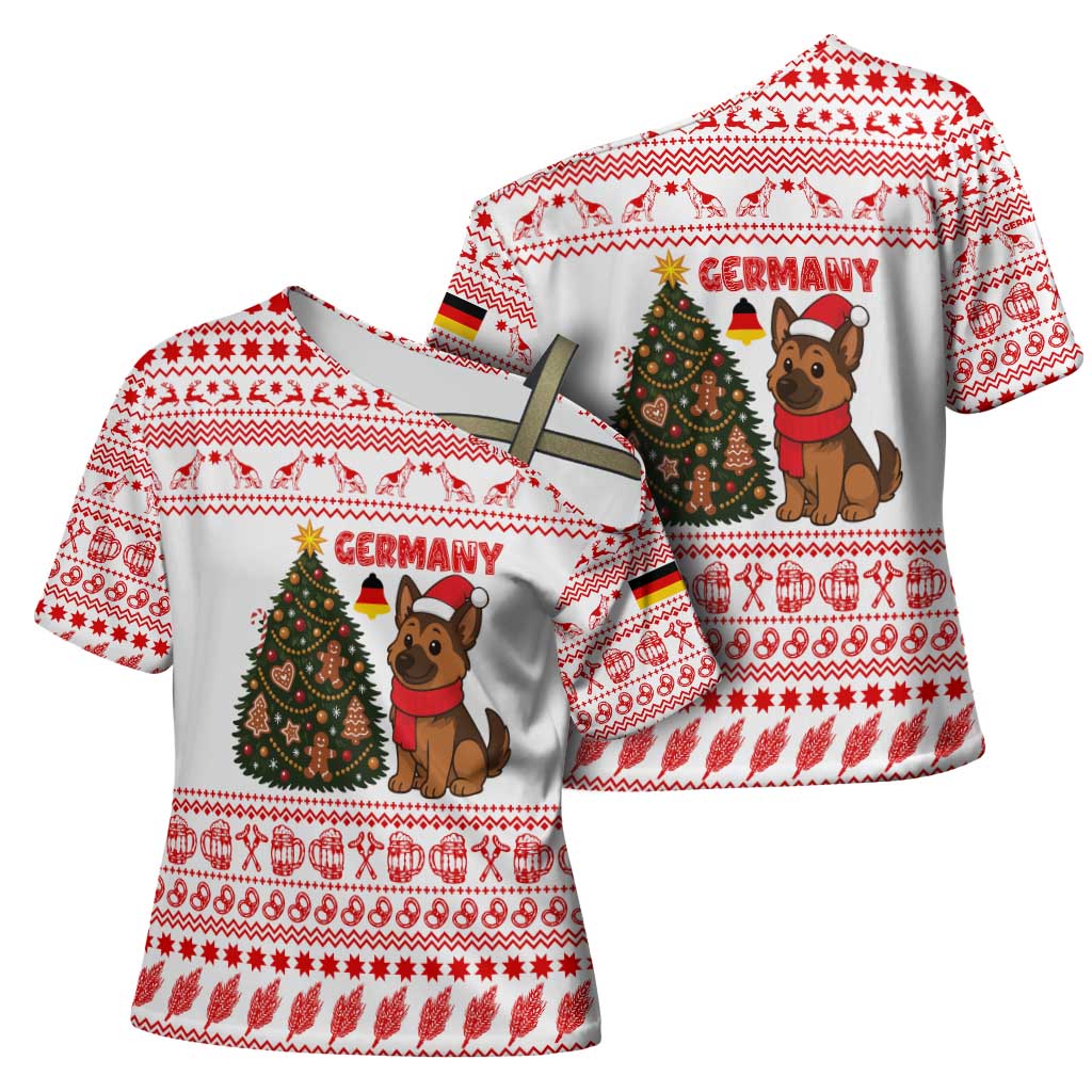 Germany Christmas Cross Shoulder Shirt with German Shepherd Dog Gingerbread Tree and Red Holiday Pattern - Wonder Print Shop