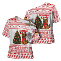 Germany Christmas Cross Shoulder Shirt with German Shepherd Dog Gingerbread Tree and Red Holiday Pattern - Wonder Print Shop