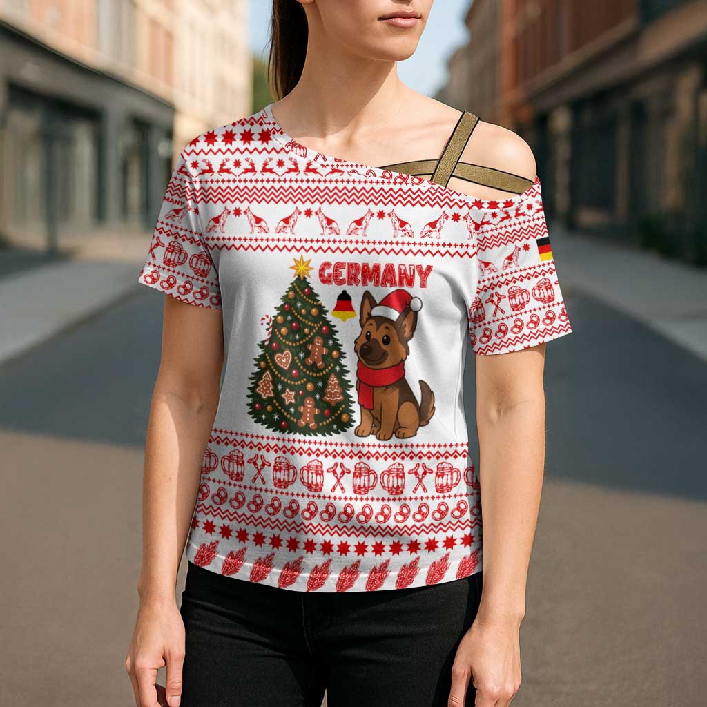 Germany Christmas Cross Shoulder Shirt with German Shepherd Dog Gingerbread Tree and Red Holiday Pattern - Wonder Print Shop