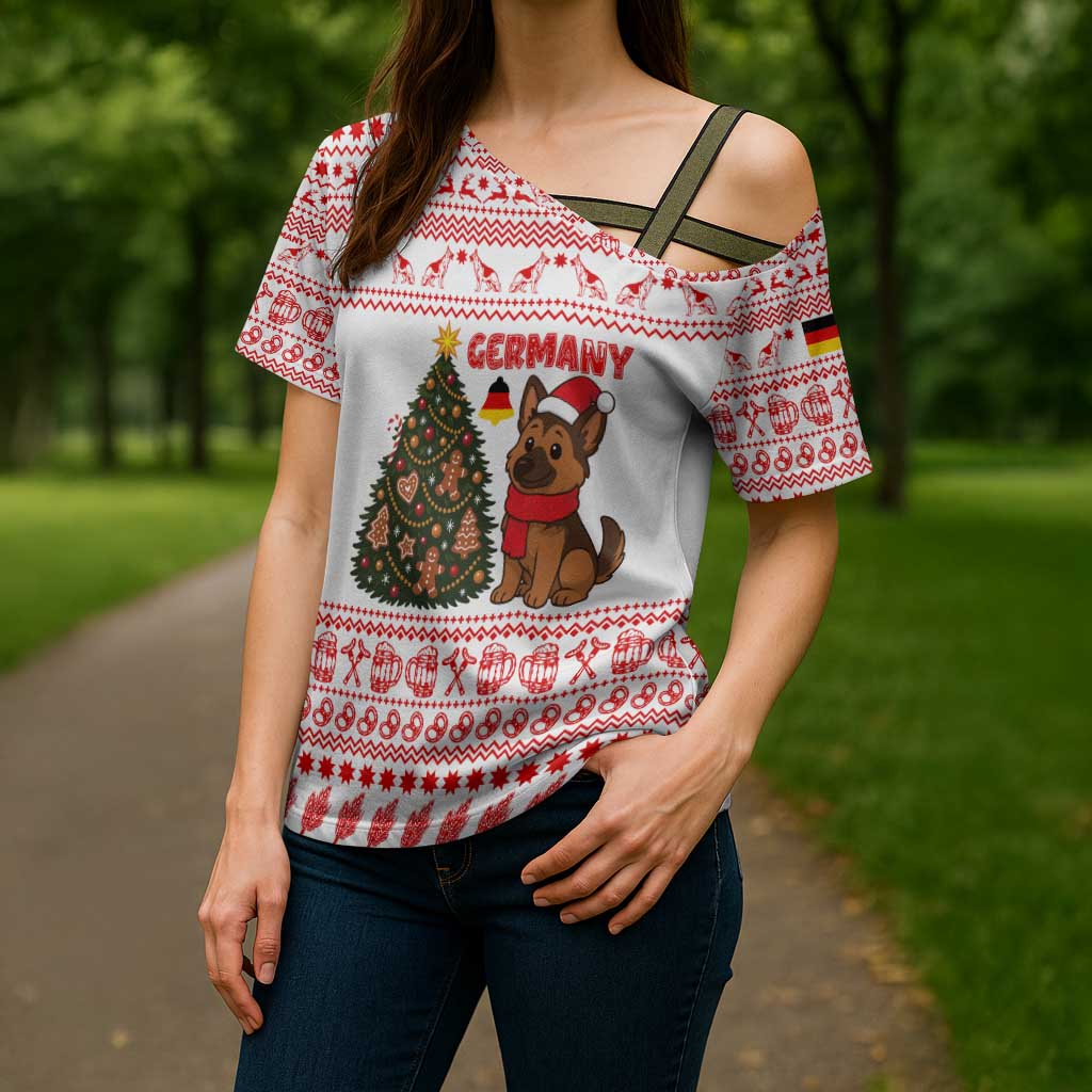 Germany Christmas Cross Shoulder Shirt with German Shepherd Dog Gingerbread Tree and Red Holiday Pattern - Wonder Print Shop