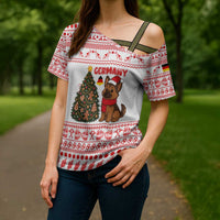 Germany Christmas Cross Shoulder Shirt with German Shepherd Dog Gingerbread Tree and Red Holiday Pattern - Wonder Print Shop