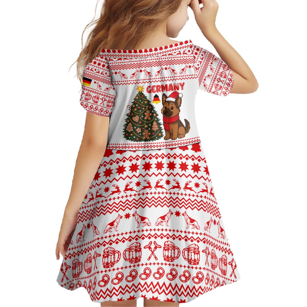 Germany Christmas Family Matching Off The Shoulder Long Sleeve Dress and Hawaiian Shirt with German Shepherd Dog Gingerbread Tree and Red Holiday Pattern - Wonder Print Shop