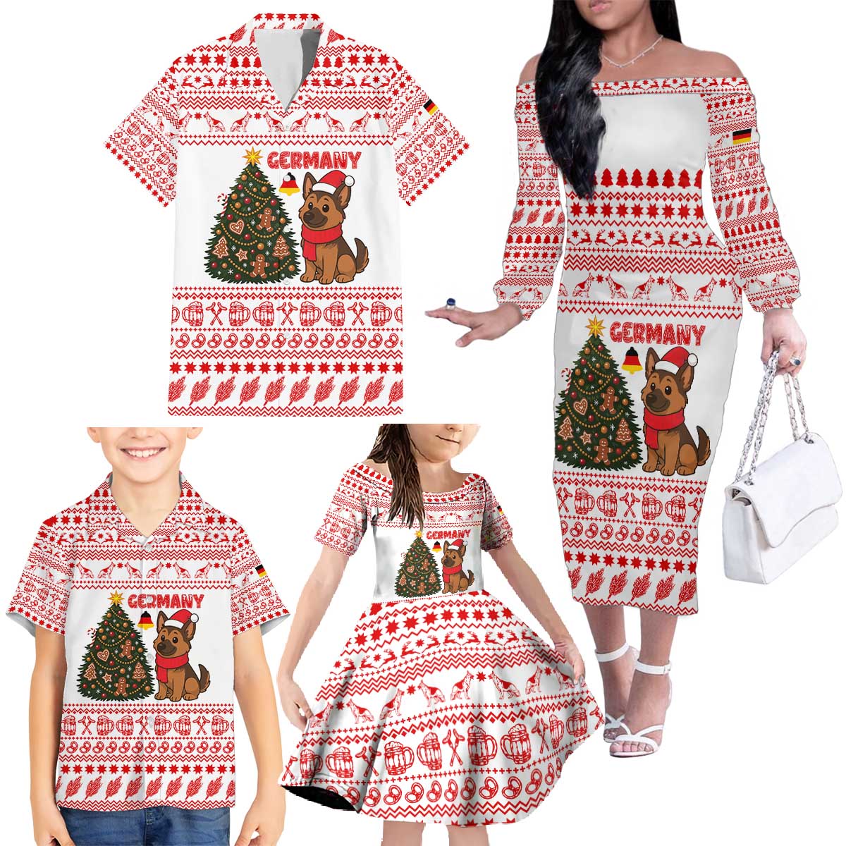 Germany Christmas Family Matching Off The Shoulder Long Sleeve Dress and Hawaiian Shirt with German Shepherd Dog Gingerbread Tree and Red Holiday Pattern - Wonder Print Shop