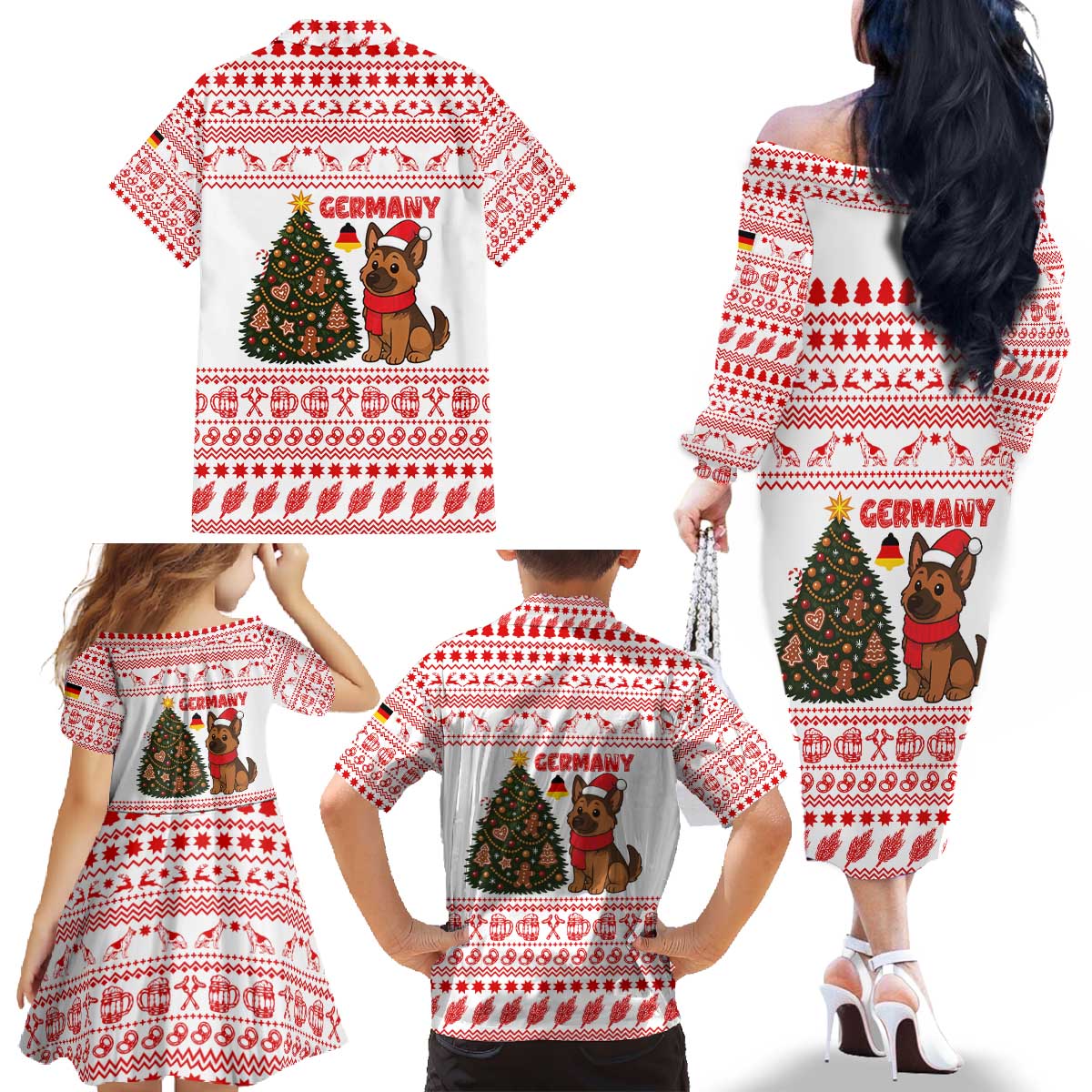 Germany Christmas Family Matching Off The Shoulder Long Sleeve Dress and Hawaiian Shirt with German Shepherd Dog Gingerbread Tree and Red Holiday Pattern - Wonder Print Shop