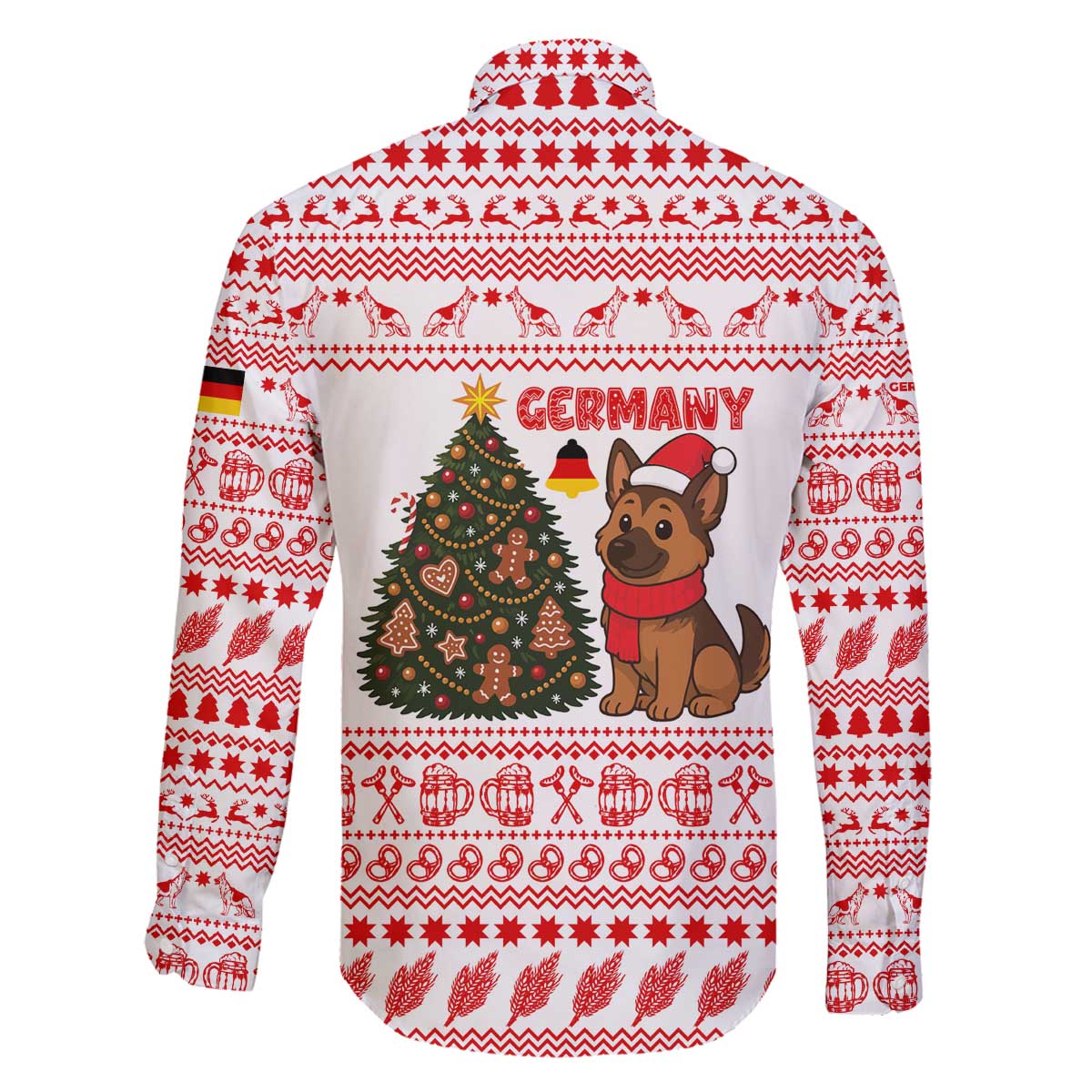 Germany Christmas Family Matching Off The Shoulder Long Sleeve Dress and Hawaiian Shirt with German Shepherd Dog Gingerbread Tree and Red Holiday Pattern - Wonder Print Shop