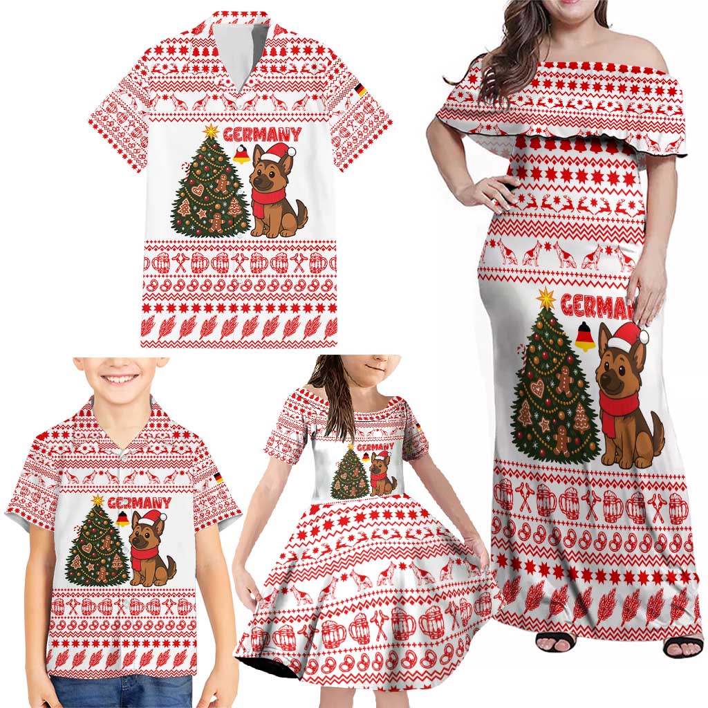 Germany Christmas Family Matching Off Shoulder Maxi Dress and Hawaiian Shirt with German Shepherd Dog Gingerbread Tree and Red Holiday Pattern - Wonder Print Shop
