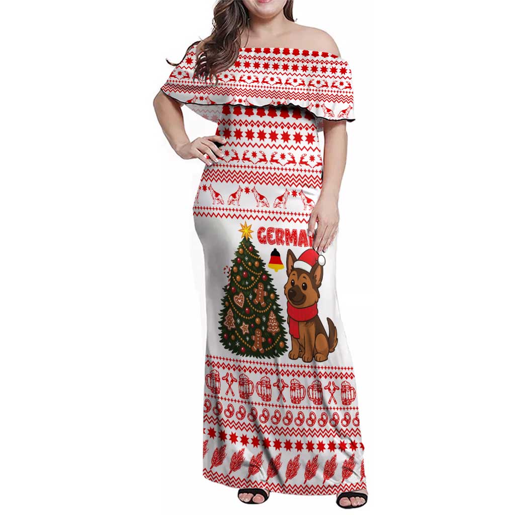 Germany Christmas Family Matching Off Shoulder Maxi Dress and Hawaiian Shirt with German Shepherd Dog Gingerbread Tree and Red Holiday Pattern - Wonder Print Shop