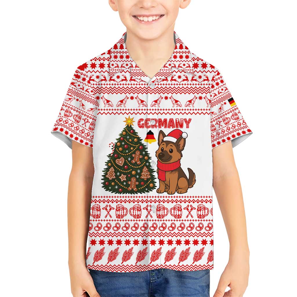 Germany Christmas Family Matching Off Shoulder Maxi Dress and Hawaiian Shirt with German Shepherd Dog Gingerbread Tree and Red Holiday Pattern - Wonder Print Shop