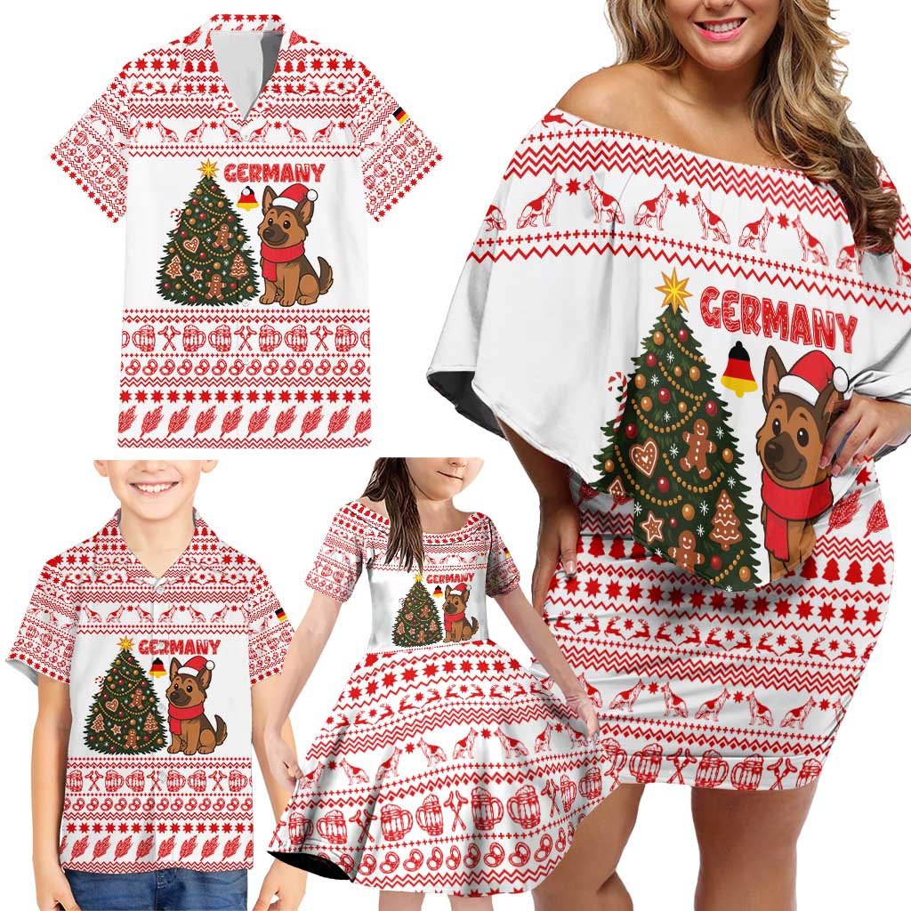 Germany Christmas Family Matching Off Shoulder Short Dress and Hawaiian Shirt with German Shepherd Dog Gingerbread Tree and Red Holiday Pattern - Wonder Print Shop